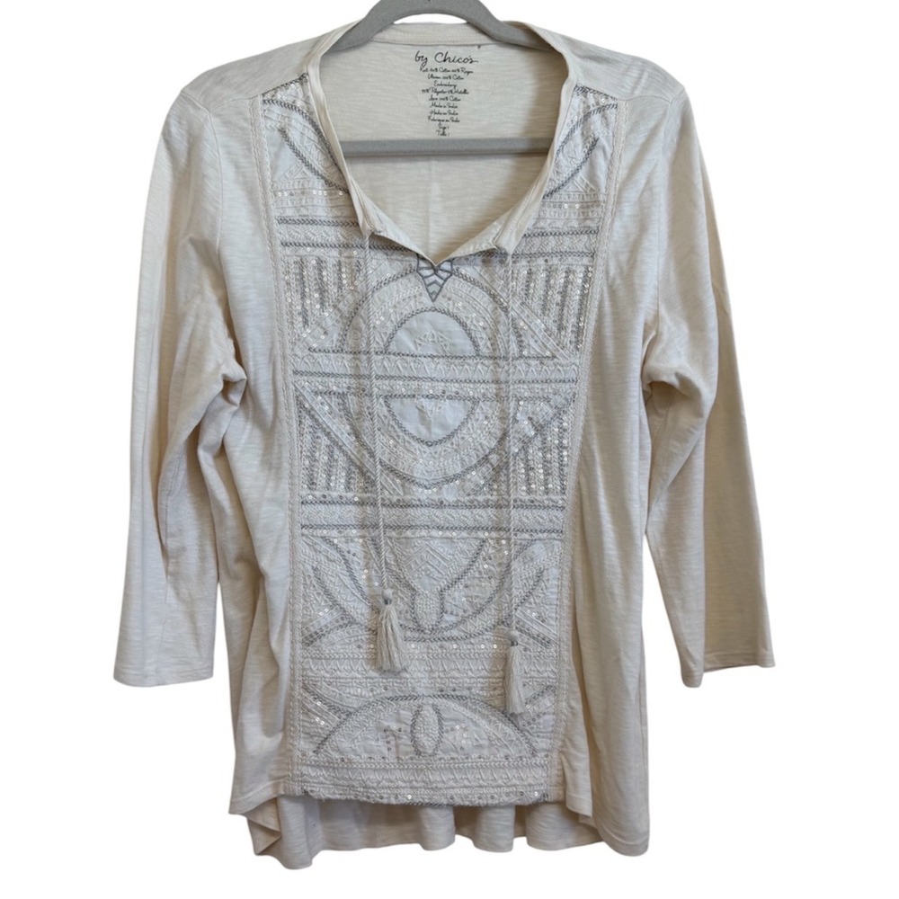 Chicos Size 1 Cream Embroidered Sequin Tassel Split Neck Top 3/4 Sleeve Boho